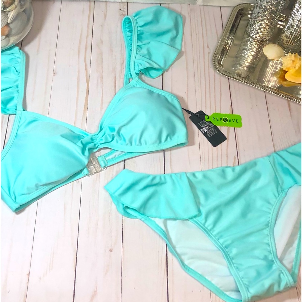ROMI COMO SWIM - Repreve - 2 Piece Ruffle Detail Small Turquoise Bikini